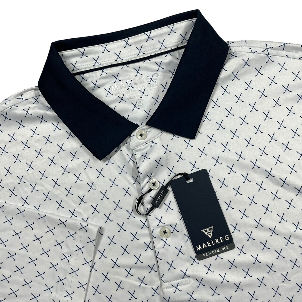 Maelreg Performance Polo Men's XL White Navy Golf Club Print Wicking Stretch